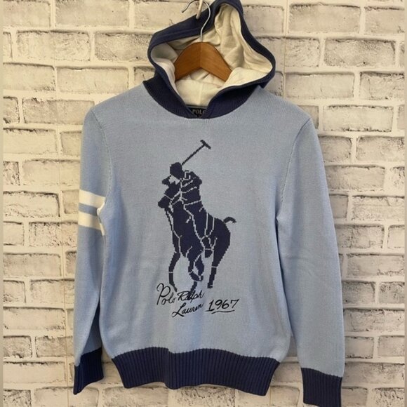 NWOT! Boy’s POLO Ralph Lauren dark and light blue hooded 100% cotton sweater Lg - Picture 1 of 4